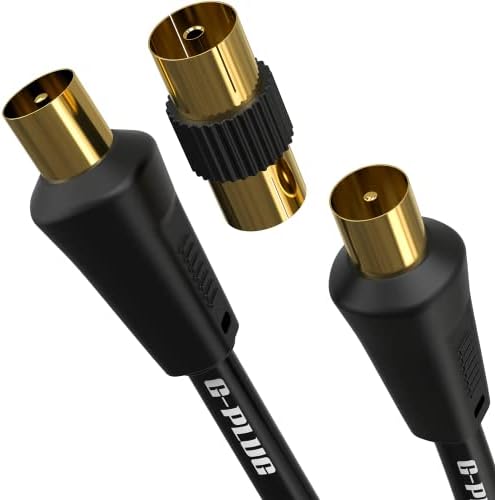 10m Long TV Aerial Right Angle with Plug Adapter - Coaxial Satellite Power Cable TV Antenna AV Lead Male to Male with RF Connector Coax Extension Gold - FreeView, FreeSat, Sky Box, BT
