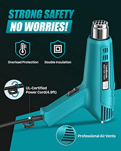 Yeegewin Heat Gun Dual Temperature Settings 800℉&1112℉, Heavy Duty Hot Air Gun Kit With 4 Nozzles, Overload Protection For Crafts, Stripping Paint, Shrinking Tube And Pvc #TOP3