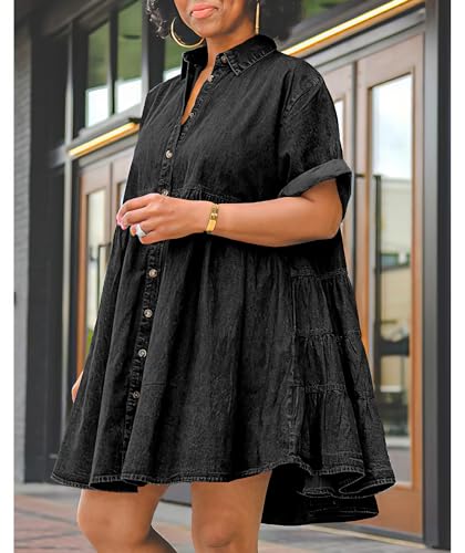 Image of Womens Denim Babydoll Dresses Summer Outfits Button Down Ruffle Tiered Jean Dress