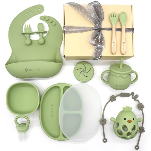Image of Silicone Baby Feeding Set, 15Pc Baby Led Weaning Supplies Suction Bowl Divided Plate Baby Spoons Bibs Forks Sippy Cup Toddler Utensils Set Teething Toys Fruit Feeder Baby Essentials Baby Shower Gifts