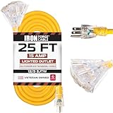 25 Foot Lighted Outdoor Extension Cord with 3 Electrical Power Outlets - 12/3 SJTW Heavy Duty Yellow Extension Cable with 3 Prong Grounded Plug for Safety