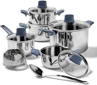 T-fal Essentials Stainless Steel Cookware Set 12 Piece, Induction Compatible, Oven Safe 350F, Cooking Set w/Stewpots, Stockpot, Saucepan, Lids & Tools, Measuring Marks, Dishwasher Safe, Silver/Blue