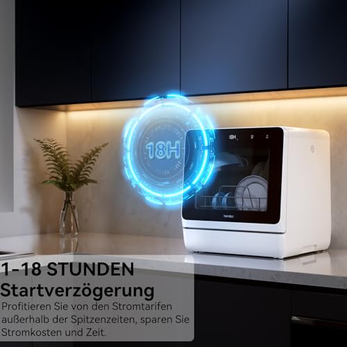 Hermitlux Tischgeschirrspüler, mini spülmaschine mit 7+3 Programme, 5 Maßgedecken, 5L Wassertank, Startverzögerung und Kindersicherung