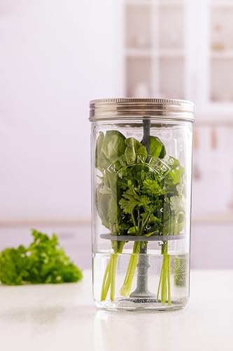 Image of Kilner Premium 1L Airtight Glass Herb Keeper Jar with Silicone Lifter for Mint, Coriander, Basil, Parsley | Wide Mouth, Reusable, Keep Herbs Fresh for Up to 3 Weeks