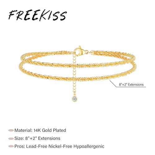 Image of Freekiss Sterling Silver Ankle Bracelets for Women: Dainty Layered Waterproof Anklet for Women Adjustable Womens Anklet Set Stackable Figaro Beaded Cuban Link Anklets Beach Jewelry for Women
