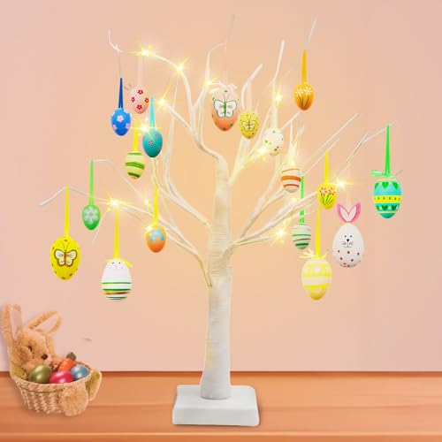 AUXHCYL Easter Twig Tree with LED Lights - Battery/USB Powered Timer Function 60cm Table Decorations with Various Eggs Home Gifts (24 LEDs 18 Eggs)
