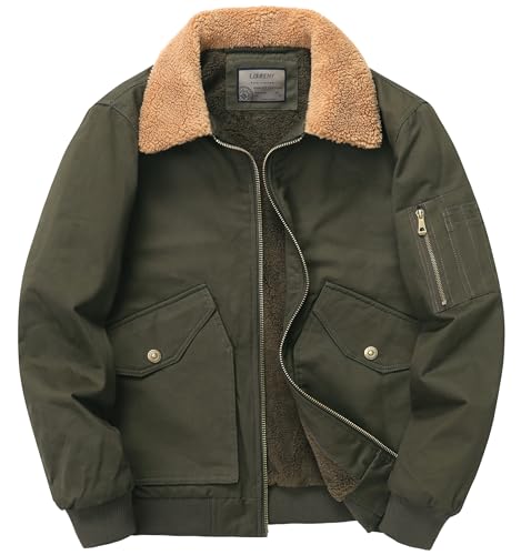 Image of LOUECHY Men's Washed Cotton Military Jacket Sherpa Lined Utility Jacket Thick Warm Winter Jacket
