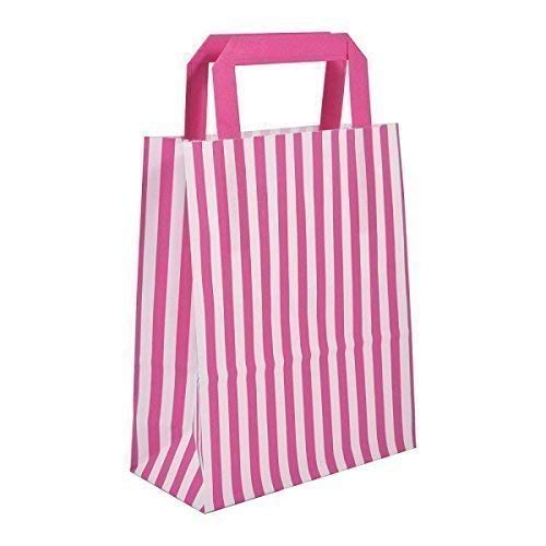 We Can Source It Ltd 100 x Pink Candy Stripe Paper Carrier Bags with Flat Handles - 18cm x 22cm x 8cm - WECANSOURCEIT