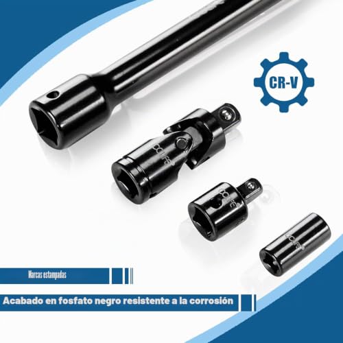 Miniatura 3 de Cclife 18 Piezas Juego De Alargador Llave Vaso Extensiones Carraca 1 2 1 4 3 8 Con Junta Universal Y Adaptadores,Cr-V