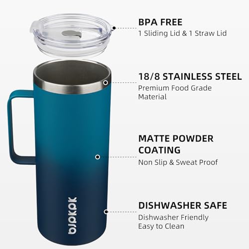 Image of BJPKPK 32oz Insulated Coffee Mug with Handle, Stainless Steel Travel Mug | Keeps Drinks Hot & Cold, Double Wall Vacuum, 2 Lids Included, BPA-Free Coffee Tumbler for Home, Office & Travel