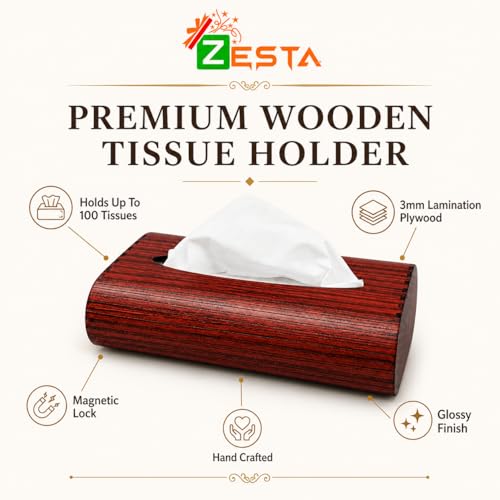 Image of Zesta Wooden Tissue Holder Dining Table Decor | Napkin Stand Kitchen Countertop | Paper Dispenser Case Car Interior | Decorative Wooden Artifact Home Accessory Organizer (Cherry Wood)