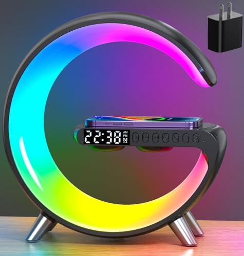 Smart Table Lamp, 15W Wireless Charger Station with LED Atmosphere Lamp, Bedside Night Light, Alarm...