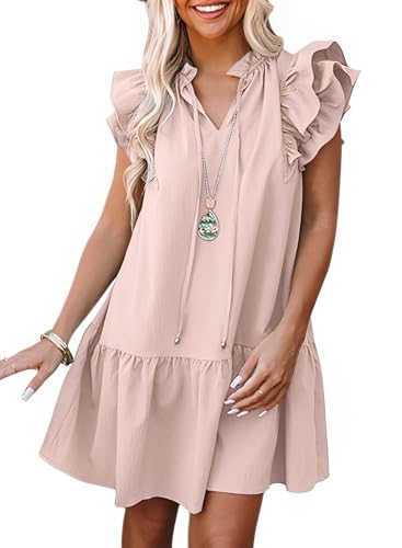 Image of Dokotoo Womens Summer Dresses 2026 V-Neck Drawstring Ruffle Cap Short Sleeve Side Pockets Mini Dress Sundress