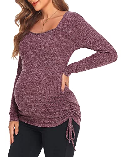 Missky Maternity Shirt Sweetheart Long Sleeve Pregnancy T Shirt For Photoshoot Wine Red #TOP25
