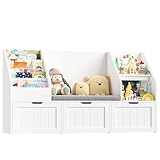 FOREHILL Kinderregal mit Sitzbank Kinderzimmer Möbel mit 3 Aufbewahrungsboxen für Spielzeug Bücherregal für Kinder mit 4 Ebenen, Regal für Kinderzimmer Leseecke 140x80x39,5 cm Weiß