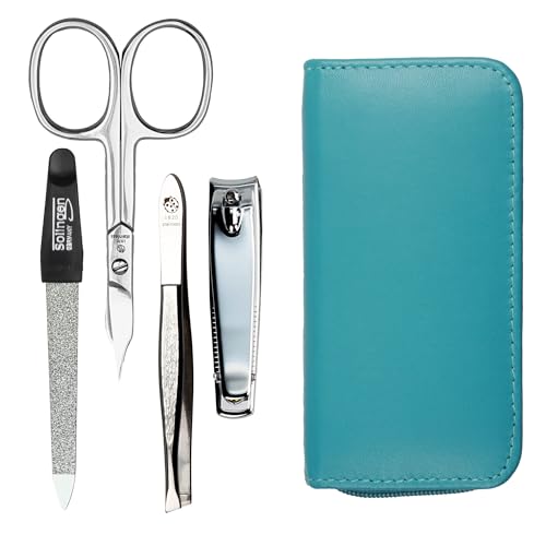 Juego de manicura de 4 piezas, estuche de viaje, tijeras, cortaúñas, lima de uñas y pinzas, estuche de auténtica piel de cordero de napa – manicura y pedicura (turquesa)