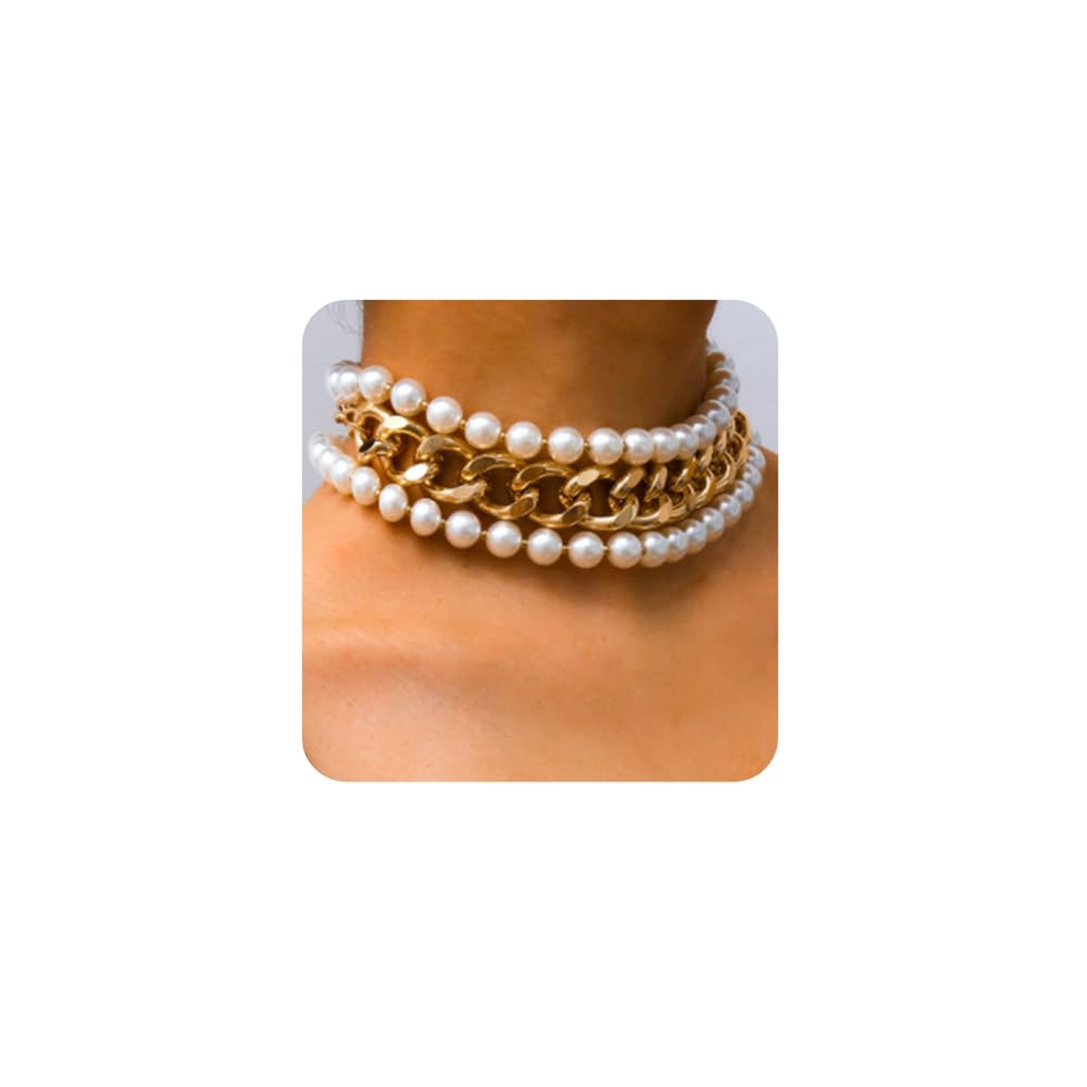 Chargances Gold Chunky Chain Choker Pearl Necklace for Women Gold Layered Thick Necklace for Women Gift