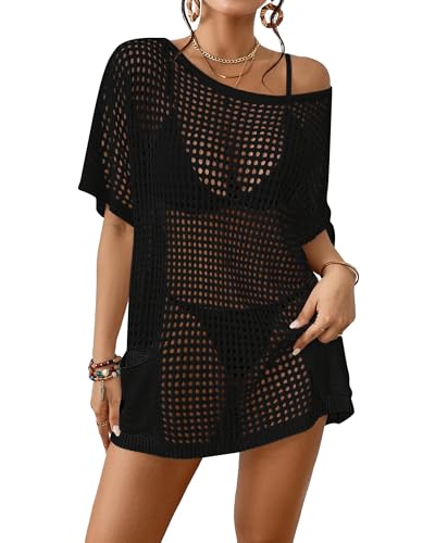 Bsubseach Crochet Coverup for Women Mesh Swimsuit Cover Up Hollow Out Bathing Suit Beach Cover Ups with Pockets