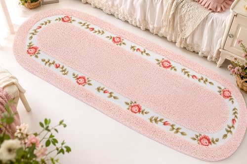 Stay Young Decorative Rose Flower Area Rug,Pink Bedroom Living Room Bathroom Rugs Bath Mat Kitchen Mat,Super Soft Non Slip,Romantic Fade-Resistant Rose Pattern,Coquette Room Decor,17.71 x 49.21 Inch