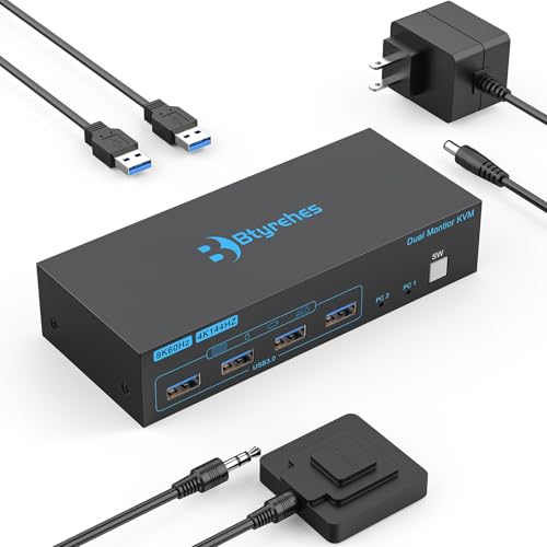Image of 8K HDMI KVM Switch 2 Monitors 2 Computers Dual Monitor Support 4K@120Hz KVM Switcher PC Extended Display for 2 Port with 4 USB 3.0 HUB Desktop Controller and 2 USB Cables Included