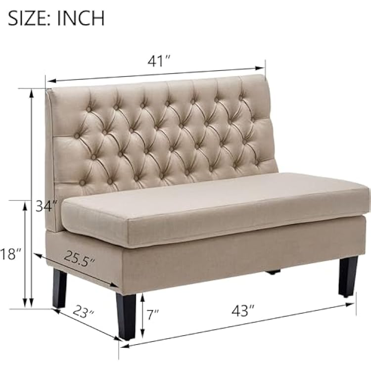Modern Upholstered Settee with Back Small Loveseat Sofa Dining Bench Banquette Seating for Kitchen Dining Room Living Room Linen Button Tufted Mini Couch Khaki