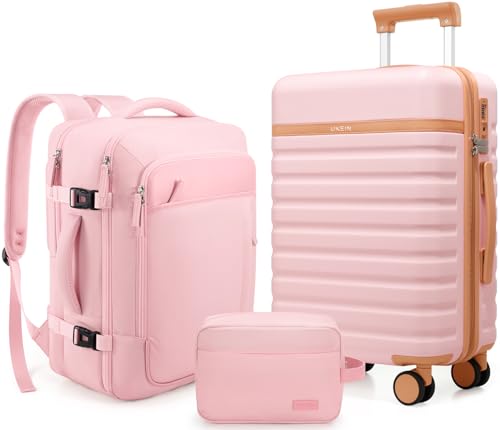 Image of UKEIN Luggage Sets 3 Piece, PC Hardside Checked Luggage 28 Inch With Spinner Wheels with TSA Lock, Large Suitcase Set With Travel Backpack for Men (Pink, 3 piece set (28inch))