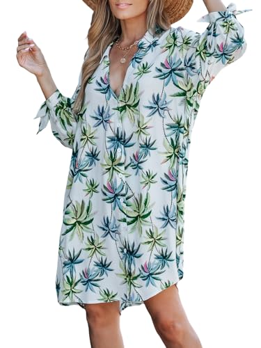 CUPSHE Women's Mini Dress Long Sleeve Green Leaf Print Button V Neck Loose Line Short Casual Dresses