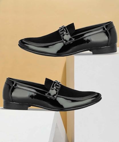 Image of Men's Black Patent Finish Formal Loafers | Stylish Slip-On Shoes for Men | Velvet & Glossy Designer Moccasins