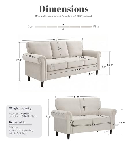 Image of Kingfun Loveseat 2 & 3 Seater Couch with Chair, Mid Century Modern Chenille Sofa Set with Rolled Arms and Deep Seats, Fluffy Comfort for Living Room, Apartment, Easy Assembly, Beige