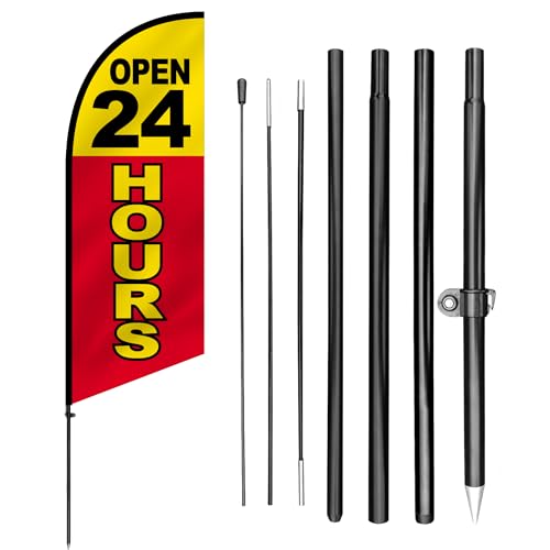 Anley 7.5 FT Open 24 Hours Feather Flag Banner Kit - Outdoor Swooper Advertising Flags with Pole and Stake - Business Hours Sign for Stores, Restaurants, Gas Stations - Weather Resistant & Easy Setup