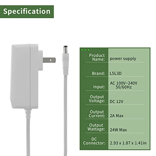 L5L3D 12V 2A Led Power Supply, 24W Ac Adapter Etl-Listed, 120V Ac To 12V Dc Transformer For Led Strip Lights, Wall Plug Power Adapter With 5.5/2.1 Dc Female Barrel Connector #TOP6