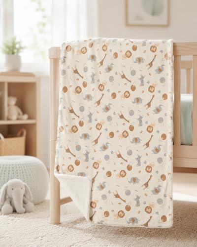 Image of EVERYDAY KIDS Large Ultra Jungle Safari Animals Minky Baby Blanket for Boys Mink and Sherpa Toddler and Baby Boy Blanket Measures 30 x 40 inch; Safari Animal Baby Nursery Decor