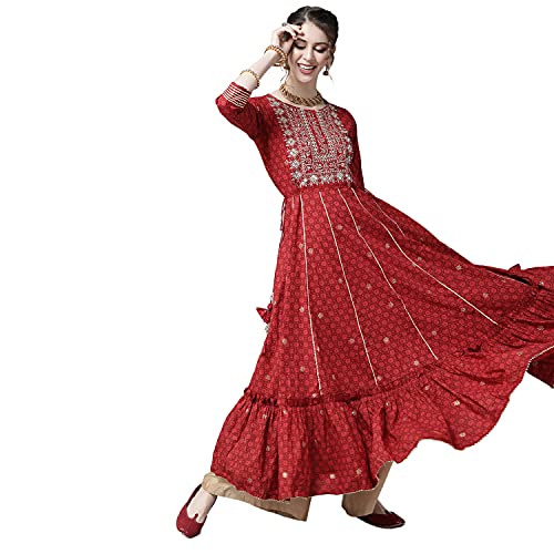 Image of ishin Women's Cotton Regular Fit Anarkali Embellished Zari Embellished Print Kurti