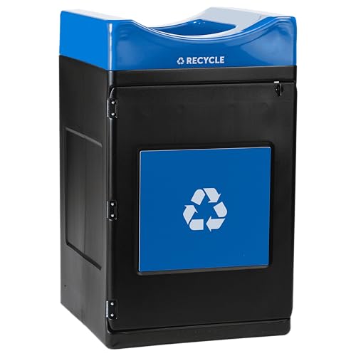 Avante™ Series Made in The USA, Black Recycling Container, 55-Gallon Square, Blue Recycling Panel, Blue Lid, Open Top