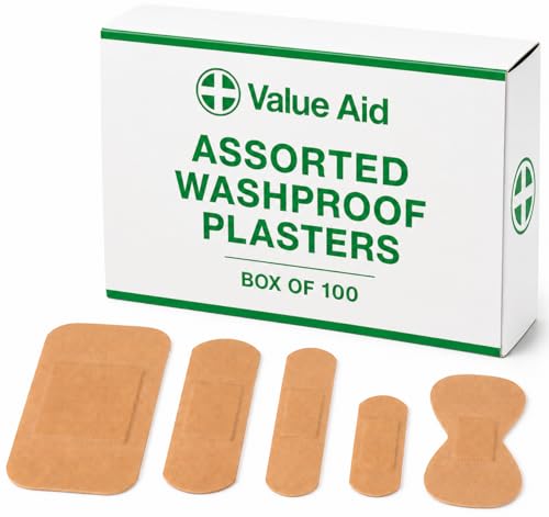 Value Aid Assorted Washproof Plasters - Pack of 100 Individually Wrapped Hypoallergenic Latex-Free Adhesive - 5 Popular Sizes for First Aid Kit & On-The-Go Medical Supplies