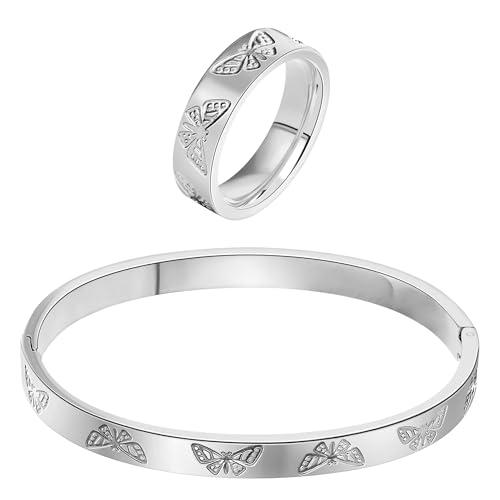 Gold Silver Butterfly Bracelet Ring Set, Stainless Steel Cuff Bangle Jewelry Dainty Love Design for Women Wedding Birthday Gift