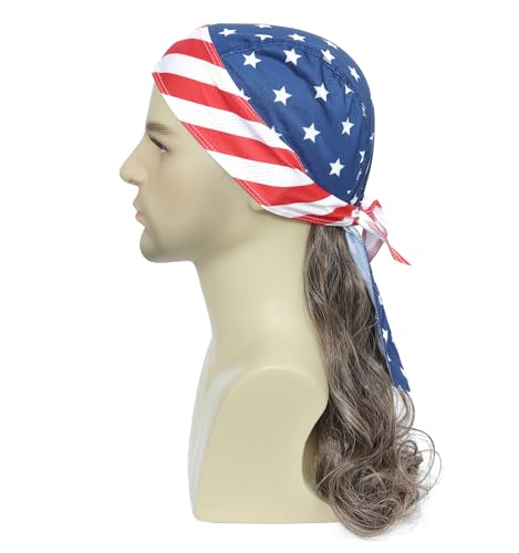 Image of Mullet Wig with American Flag Bandana, 80s Retro Curly Wig for Men & Women, Perfect for 4th of July, Halloween, 80s Themed Parties Cosplay (Light Brown)