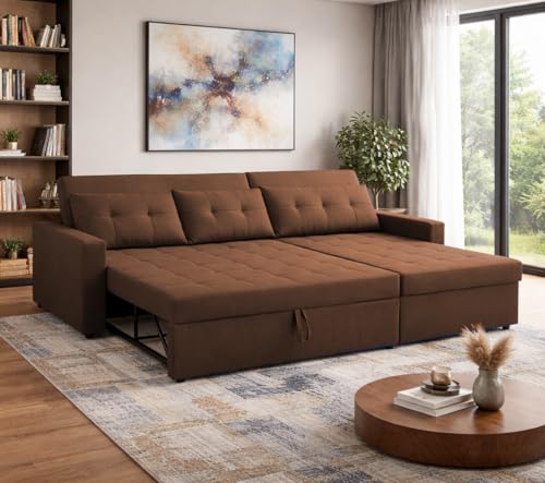 Image of Emilio 4 Seater RHS L - Shape Pull-Out Sofa Cum Bed Sofa for Living Room (Brown Fabric Color) Premium Fabric Sofa Set for Living Room Sofa Cum Bed