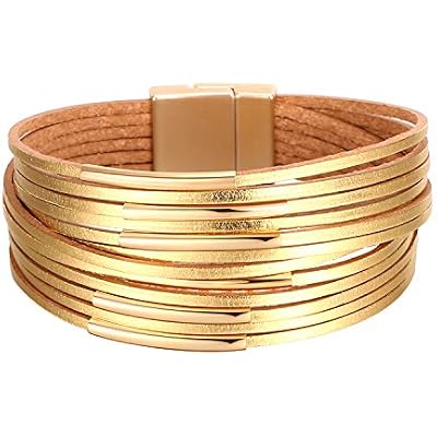 Fesciory Leather Wrap Bracelets for Women, Boho Leopard Multi-Layer Crystal Beads Cuff Bracelet Jewelry