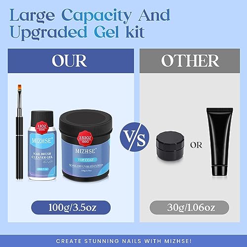 MIZHSE 100ML No Wipe Gel Top Coat - High Gloss Shine Finish Long Lasting Top Coat Nail Polish, Super Large Capacity Soak Off Nail Lamp Polish Finish with Brush & Brush Cleaner Gel, Gift Kit for Women