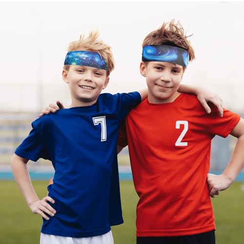 Image of Jeffbaubl 12 Pieces Kids Athletic Sweatbands, 6 Colors Boys Headbands, Boys Sports Headbands, Soft Athletic Headband, Kids Sweatbands, Wicking Elastic Hairband for Girls Boys Toddler Children