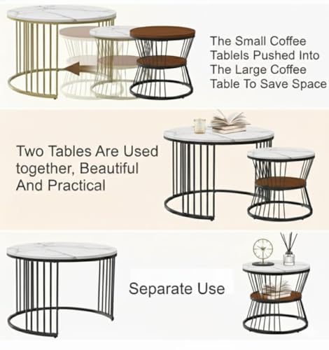 Image of Roldo Modern Nesting Coffee Table Set of 2 for Living Room, Round Coffee & Side Table with Metal Frame and Marble Finish MDF Top, Center Table for Sofa, Home Decor Office & Apartment (Black White)