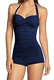 Viottiset Damen Einteiliger Badeanzug Bauchkontrolle Neckholder Twist Rüschen Bademode Monokini Strand Navy Blau X-Large