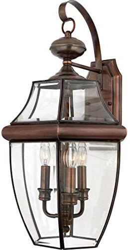 Quoizel Newbury Outdoor Wall Lantern, 23 Inch 3-Light Aged Copper Wall Sconce, French Country Exterior Wall Lantern Fixture, E12 Base, Clear Glass, Outside Lights for Patio, Porch, Garage or Yard