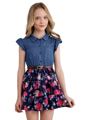 JEATHA Girls Summer Dress Sleeveless Denim Top Floral Print Tutu Princess Sundress Casual Wear