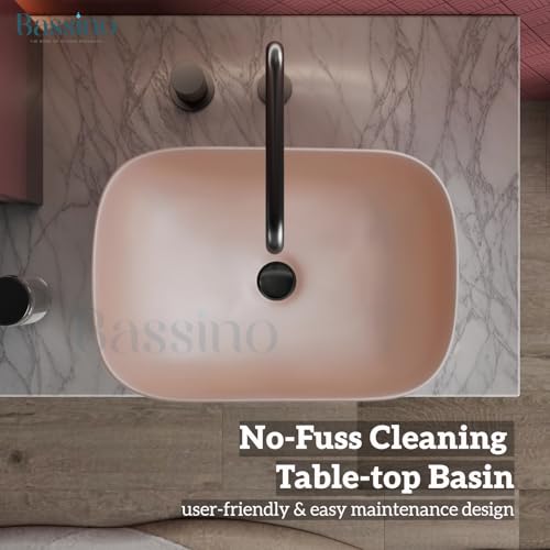 BASSINO 18x13x5 Inches Designer Rectangular Tabletop Washbasin/1 Year Warranty/Ceramic Countertop Sink for Bathroom/Vessel Bowl Basin for Office(Matt Pink Finish)