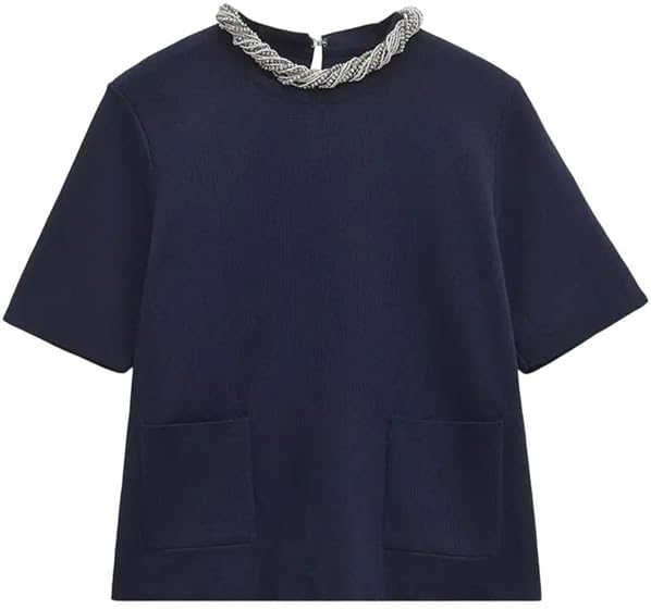 Women's Front Patch Pocket Knitted Sweater O Collar Beaded Short Sleeve Women's Pullover Fashion Top