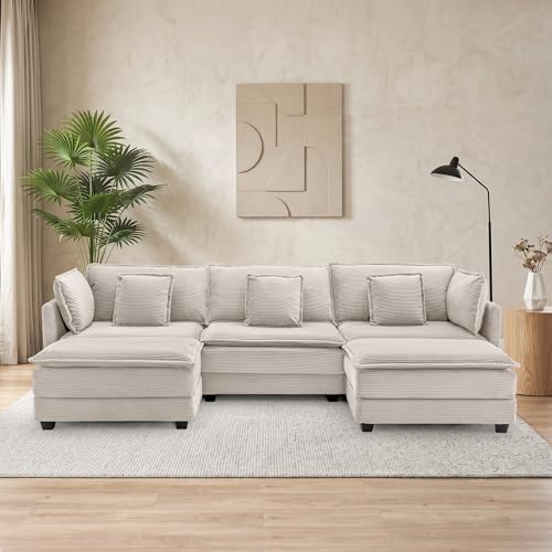 Image of Corduroy Sectional Couch, 3 Seater 113 inch U Shaped Cloud Couch with 2 Ottomans, Modular Deep Seat Sofa with Pillows for Living Room, Apartment, Beige