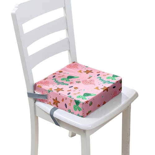 Surwin Rialzo da Sedia per Bambini, Rialzo Sedia Bambini Cuscino Rialzo Cuscino per Sedia Seggiolino Regolabile Lavabile Smontabile con 2 Cinghie per Sedia da Pranzo (Tartaruga rosa,32x32x8cm)