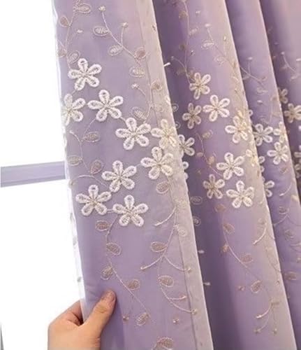 Rideau occultant chambre polyester coton violet à broderie fleurs 138H